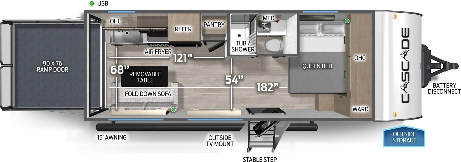 The Cascade 18RRC floorplan is a toy hauler that has one entry and zero slide outs. Exterior features include: fiberglass exterior and 15' awning. Interiors features include: front bedroom.